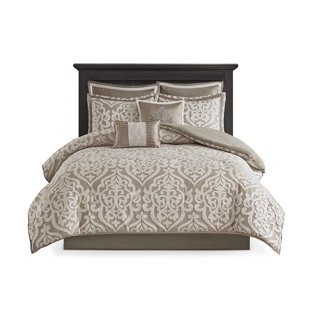 Madison Park Cal King Size 8-Piece Comforter Set, Jacquard Bed in a Bag Set, Bedding Set with Sheets and Decor Pillows, Tan/Ivory