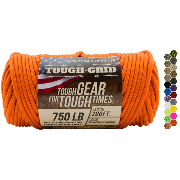 TOUGH-GRID 750lb Neon (Safety) Orange Paracord / Parachute Cord - 100% Nylon Mil-Spec Type IV Paracord Used by The US Military, Great for Bracelets and Lanyards, 200Ft. - Neon (Safety) Orange