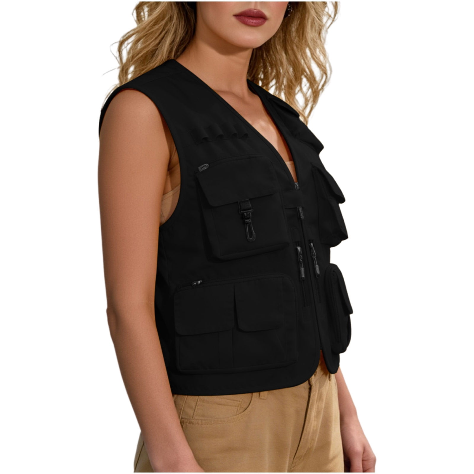 ZGRBOU Women's Casual Lightweight Outdoor Work Vests Multi Pockets Zip up Cargo Tops Safari Travel Photo Cargo Jacket