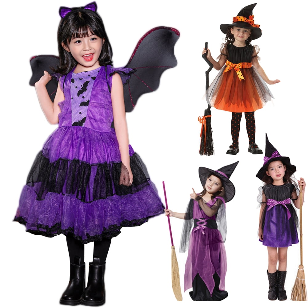 Girls Witch Halloween Costume - Purple Dress With Hat, Broom, Necklace, Stickers & Ring