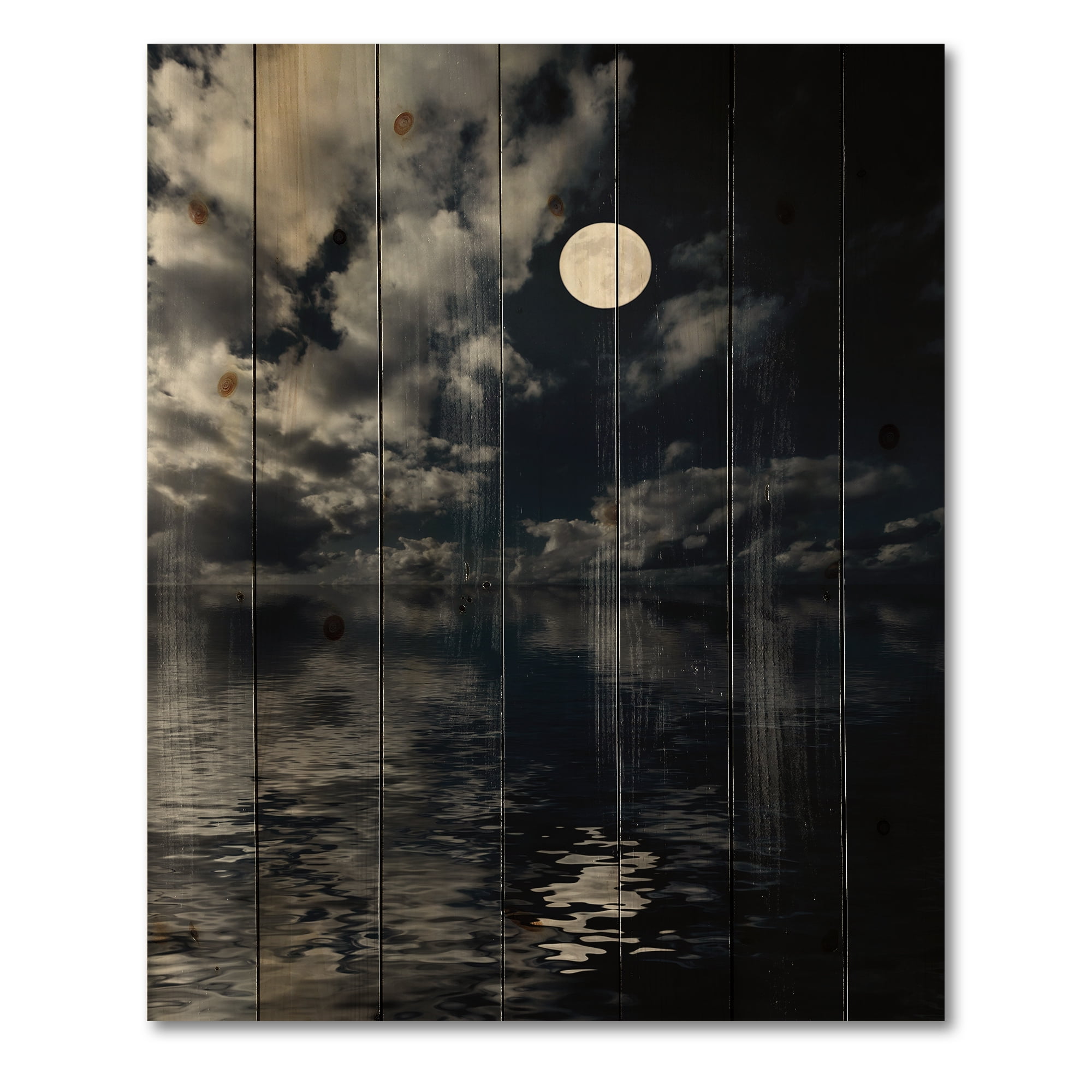 Designart 'Full Moon Night in Cloudy Sky IV' Nautical & Coastal Print on Natural Pine Wood