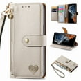 thumbnail image 2 of Wallet Case For with iPhone 16E, Heart Pattern Detachable Wrist Strap PU Leather Card Slots Zipper Pocket RFID Blocking Kickstand Phone Case, 2 of 10