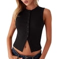 thumbnail image 3 of Bxsruta Women's Ribbed Knit Sleeveless Button Down Cropped Tank Top Casual Fitted Crew Neck Blouse, 3 of 8