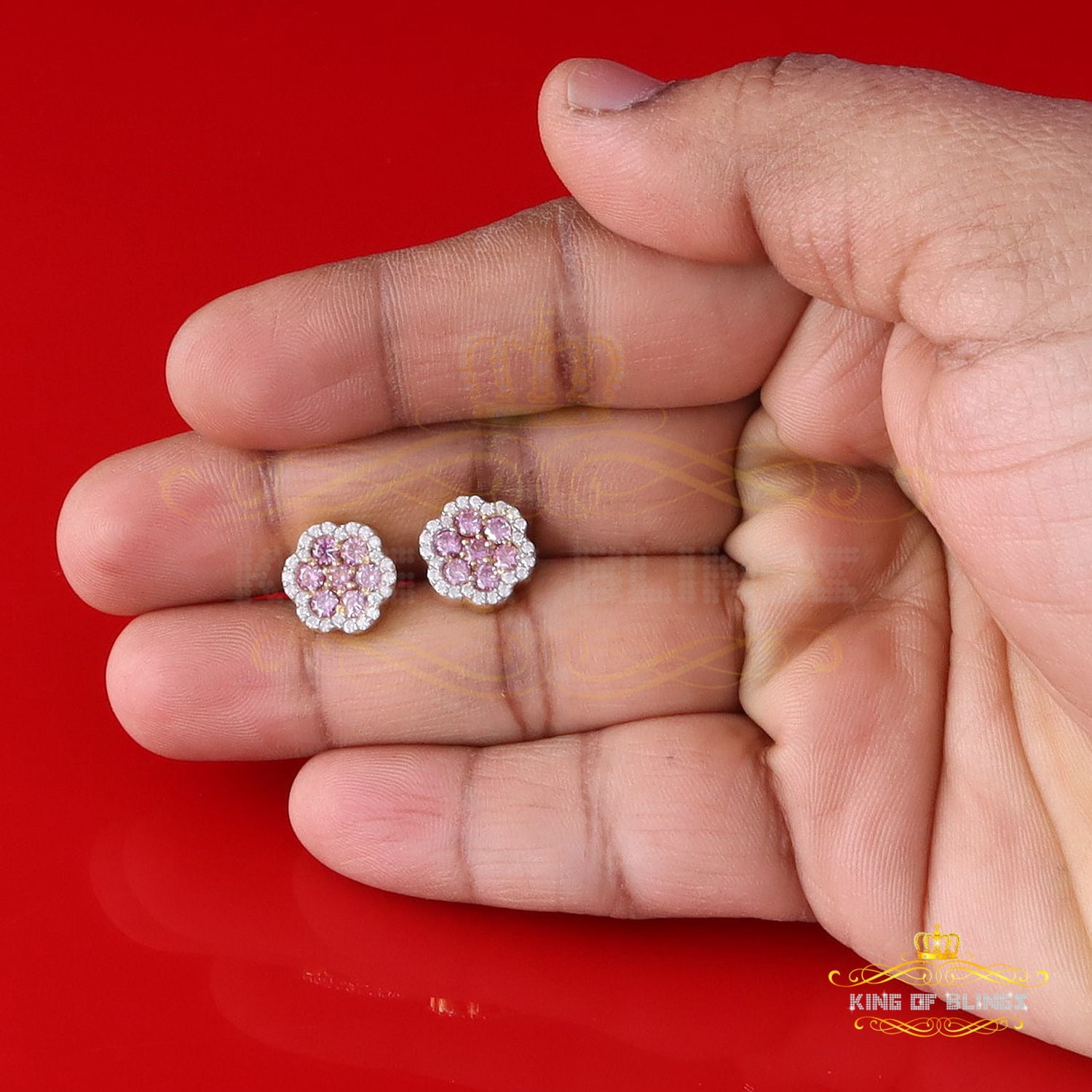 King of Bling's 925 Silver Yellow 1.50ct VVS D Pink Moissanite Floral Mens/Women's Stud Earrings