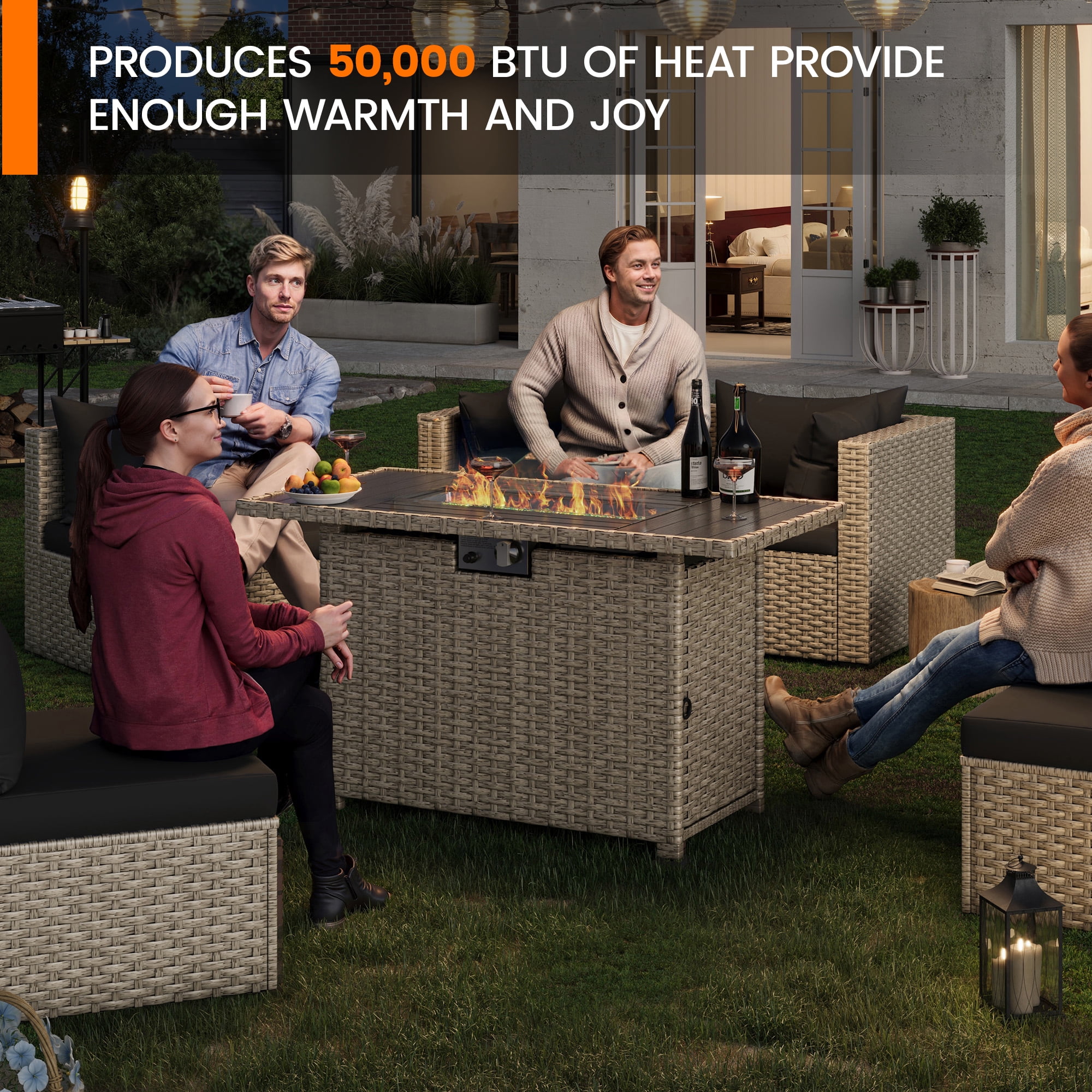 MRUAKA 9 Pieces Patio Conversation Set with Firepit, Outdoor Sectional PE Rattan Wicker Furniture Seat,Dark Gray