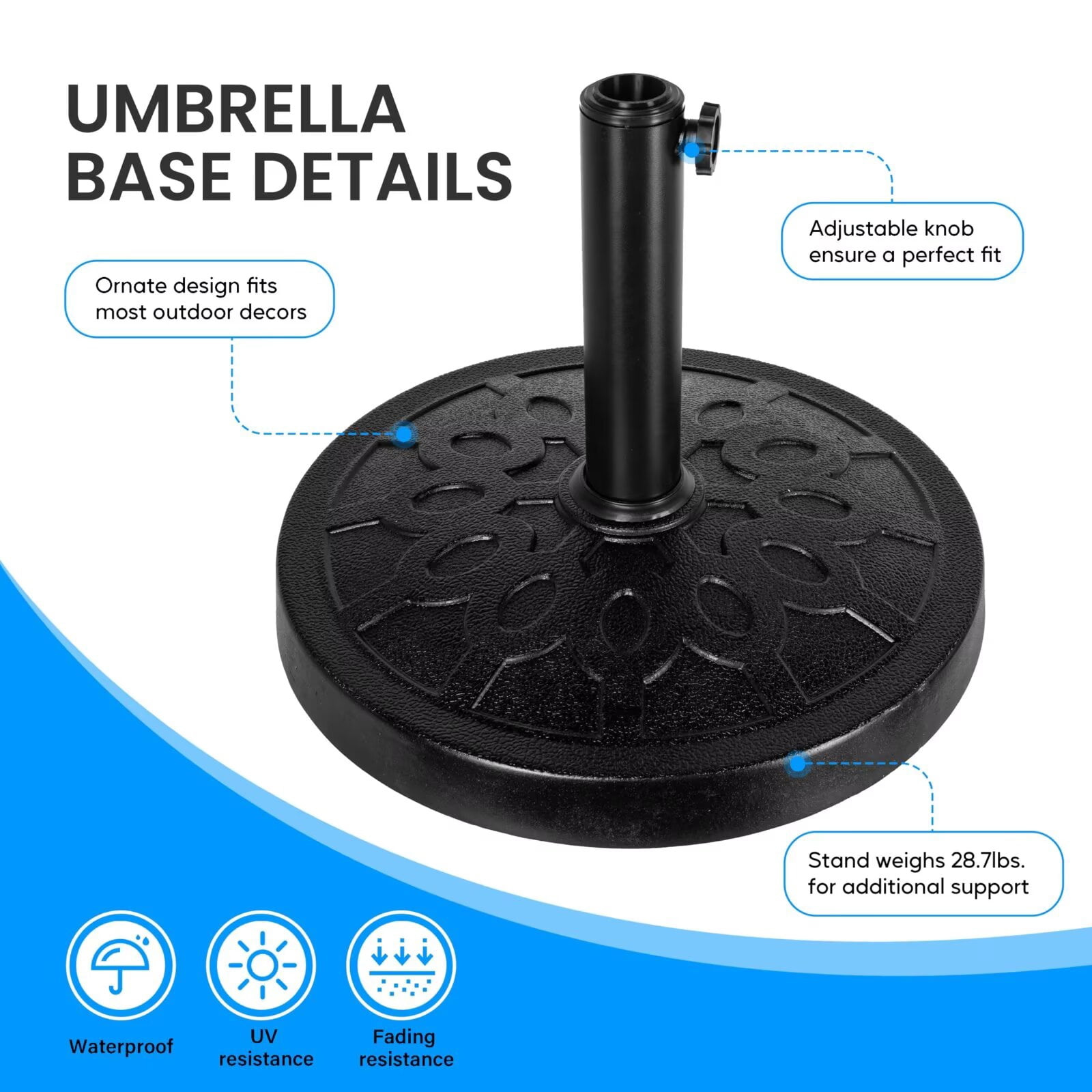 Simple Deluxe 17.72Inch 28.7 LBS Patio Umbrella Base Heavy Duty Market Umbrellas Round Stand for Outdoor, Poolside, Deck, Lawn, Garden, Black, Round