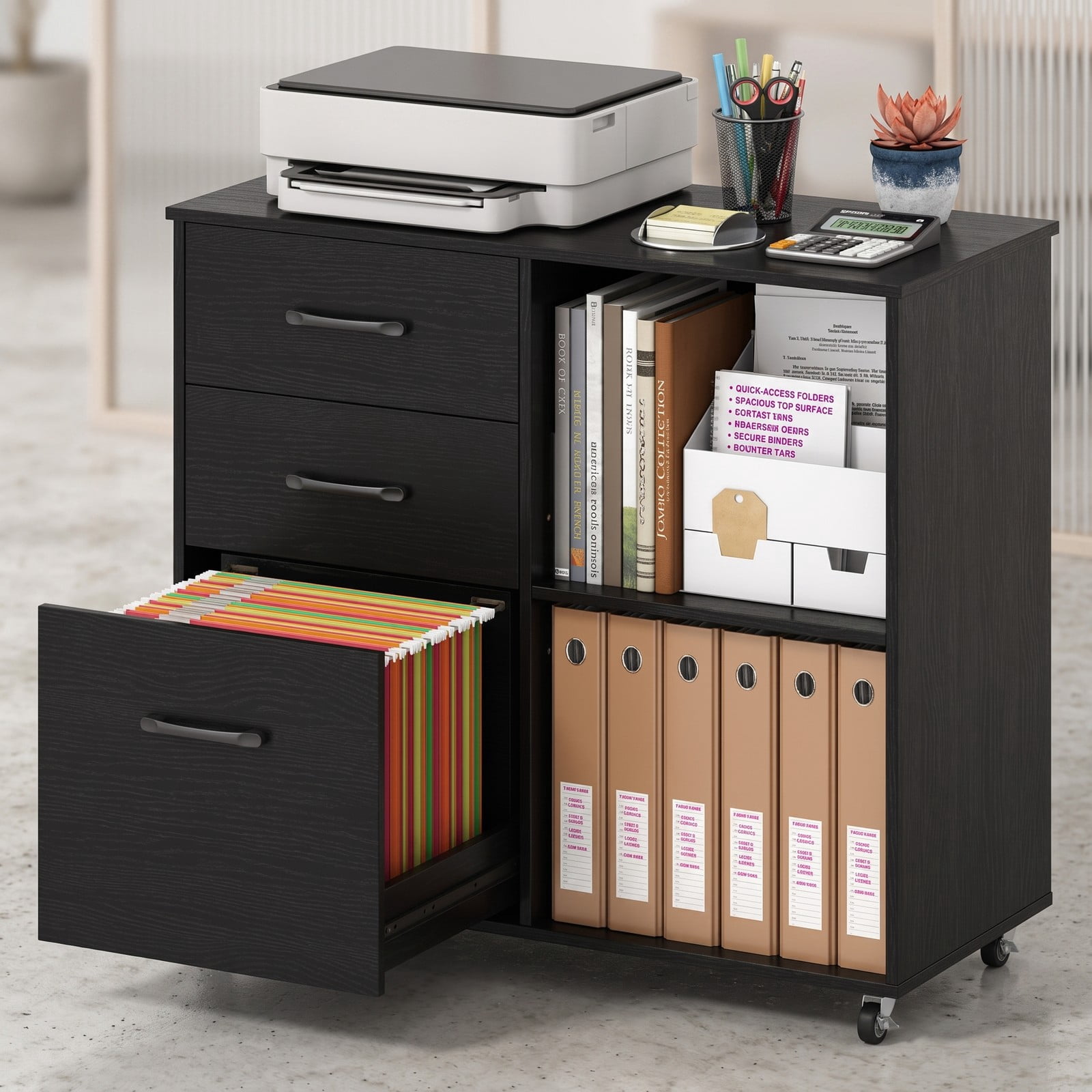 Furnibear 3-Drawer Mobile Lateral File Cabinet Printer Stand, Rolling Wood Filing Cabinet with Locking Wheels and 3-Level Shelf for Home Office, Holds A4 and, Black