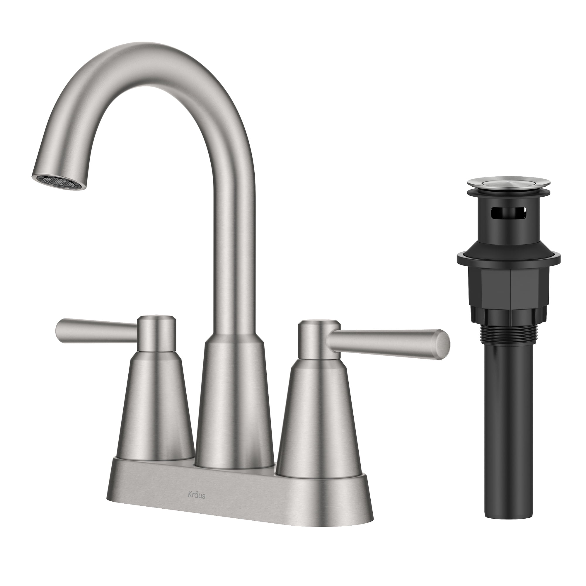 KRAUS Ramus 2-Handle 4-inch Centerset Bathroom Faucet in Spot-Free Brushed Nickel with Pop Up Drain and Supply Lines