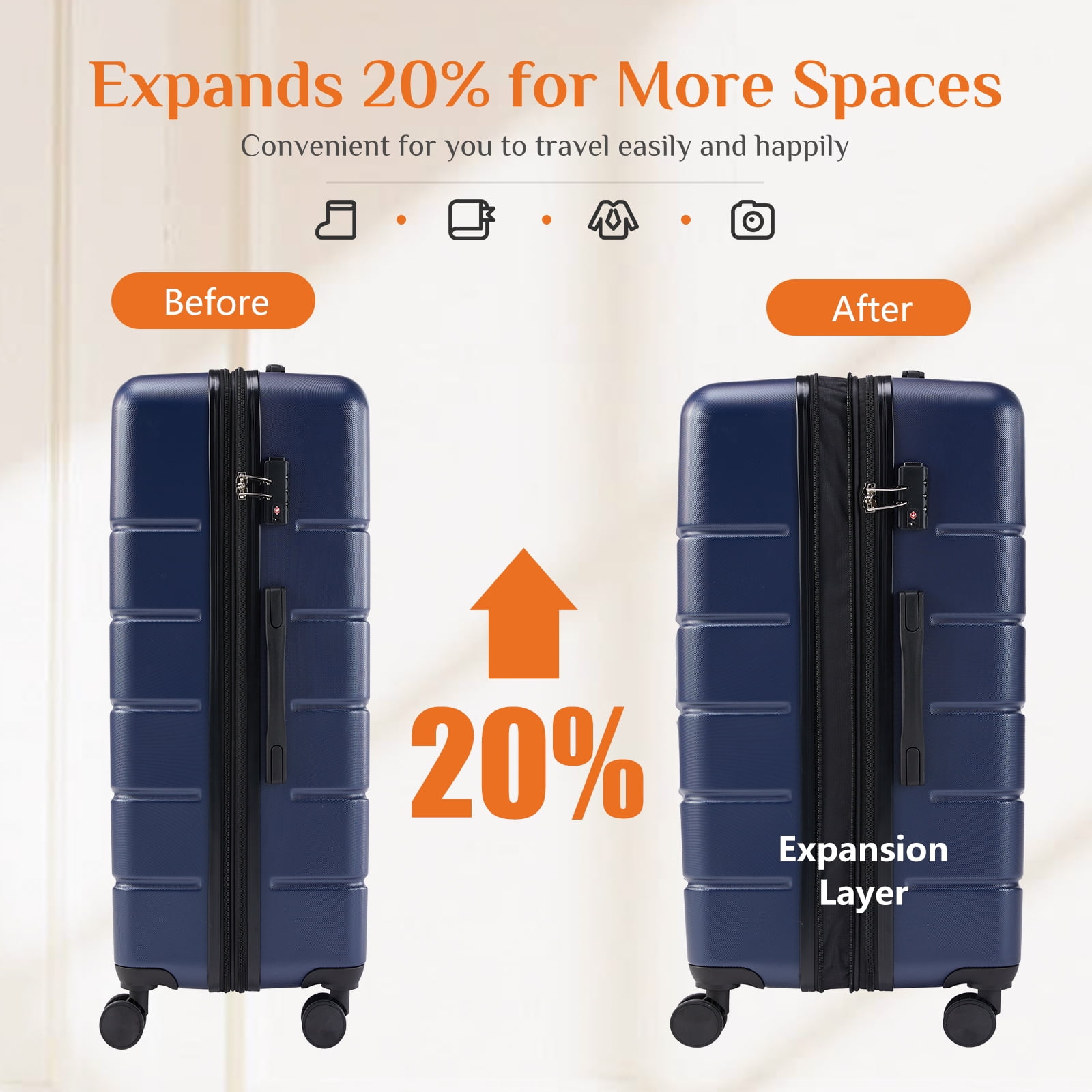 MCQ 20 inch Carry on Luggage, Hard Shell ABS Suitcase with Double Spinner Wheels, Lightweight Expandable Rolling Suit Case with TSA Lock, Blue
