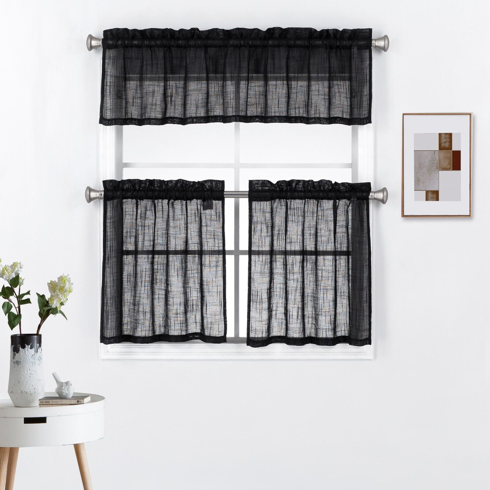 3 Piece Rod Pocket Linen Semi Sheer Kitchen Window Curtain Tiers and Valance Set