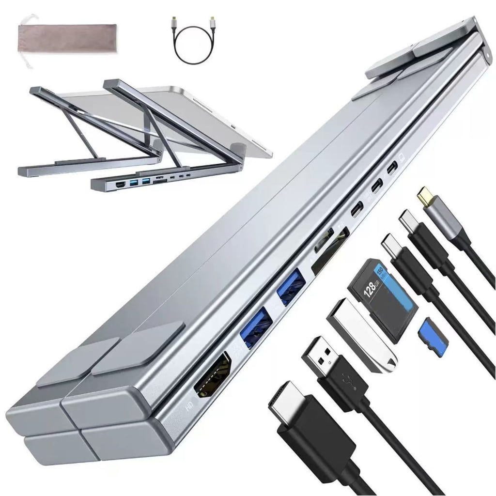 Aluminum Alloy 7 Port Foldable Notebook Stand with Docking Function Height Adjustment No External Power for Stability