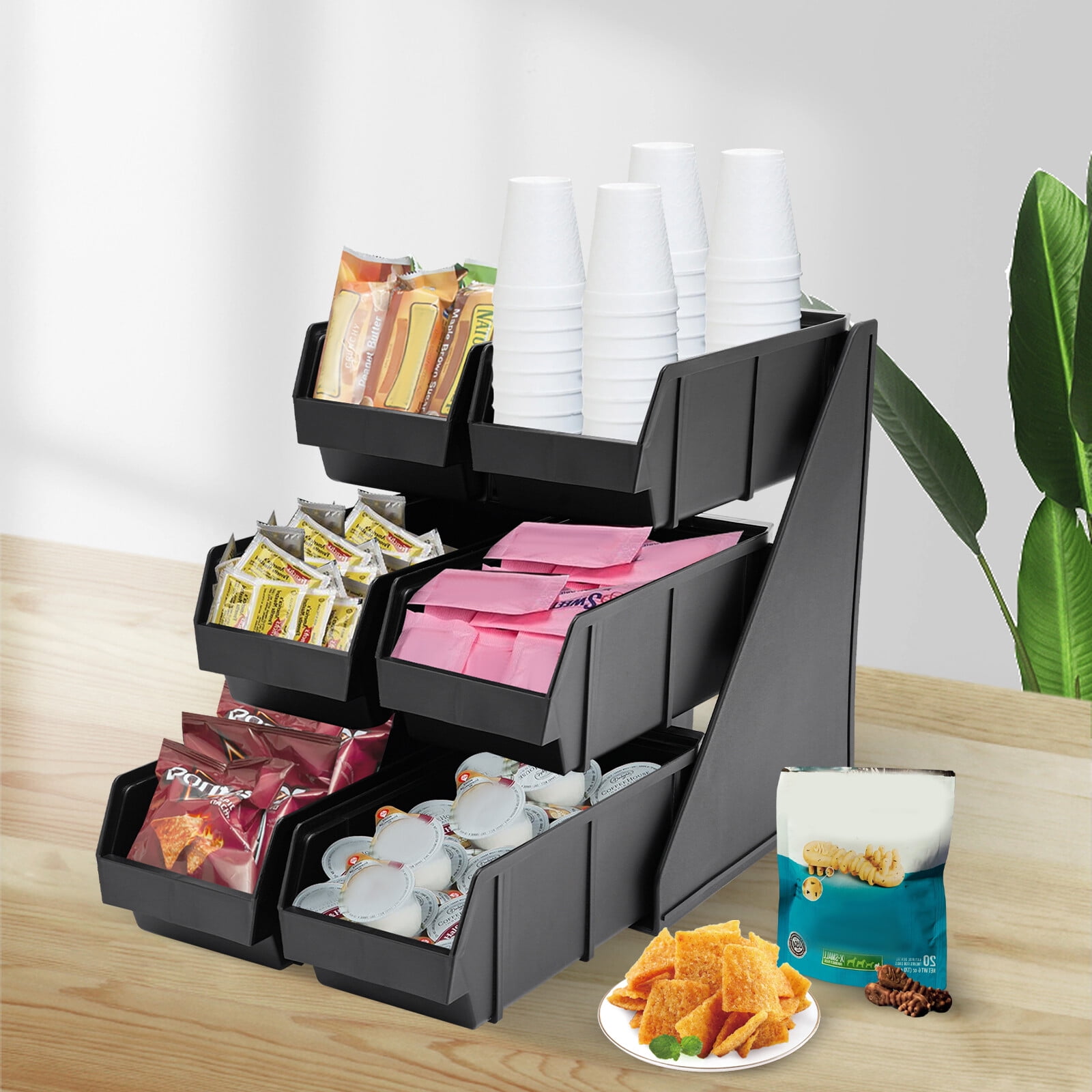 6 Compartment Serve Condiment Bin, 3-Tier Self Serve Condiment Bin Stand, Plastic Containers Storage Bins, Countertop Condiment Organizer for Coffee Shops Restaurants Bars