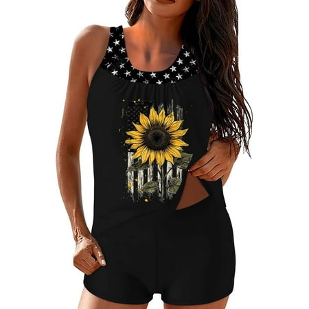 IDALL Tankini Swimsuits for Women Bathing Suit Two Piece Swimsuit Women Tankini Two Piece Graphic Swim Tank Top With Boyshorts Ladies Swimwear Women S Swimwear 4Th Of July Outfits Black L