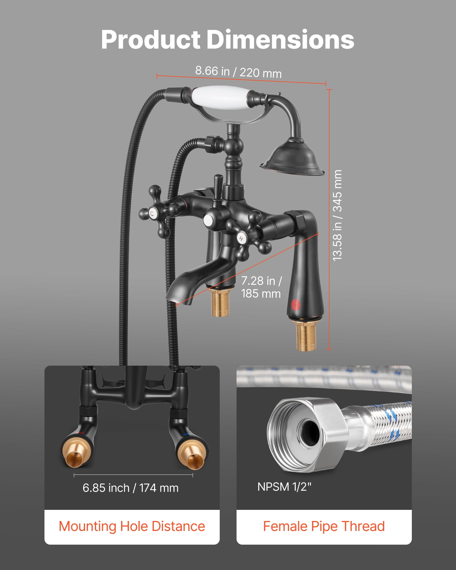 VEVOR Clawfoot Tub Faucet, Deck Mount Bathtub Faucets with Handheld Shower, Vintage Oil-Rubbed Bronze Clawfoot Tub Filler Faucet Shower Kit with 360° Rotation Spout & 59-inch Long Hose for Bathtubs