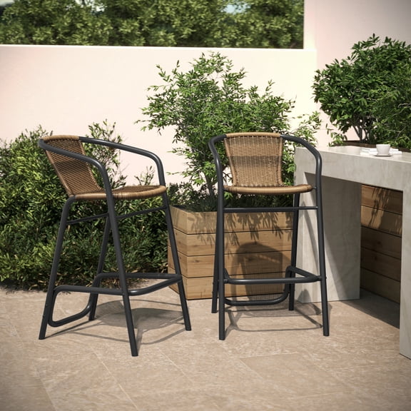 Flash Furniture Lila Indoor-Outdoor PE Rattan Restaurant Barstool Medium Brown 2/Pack