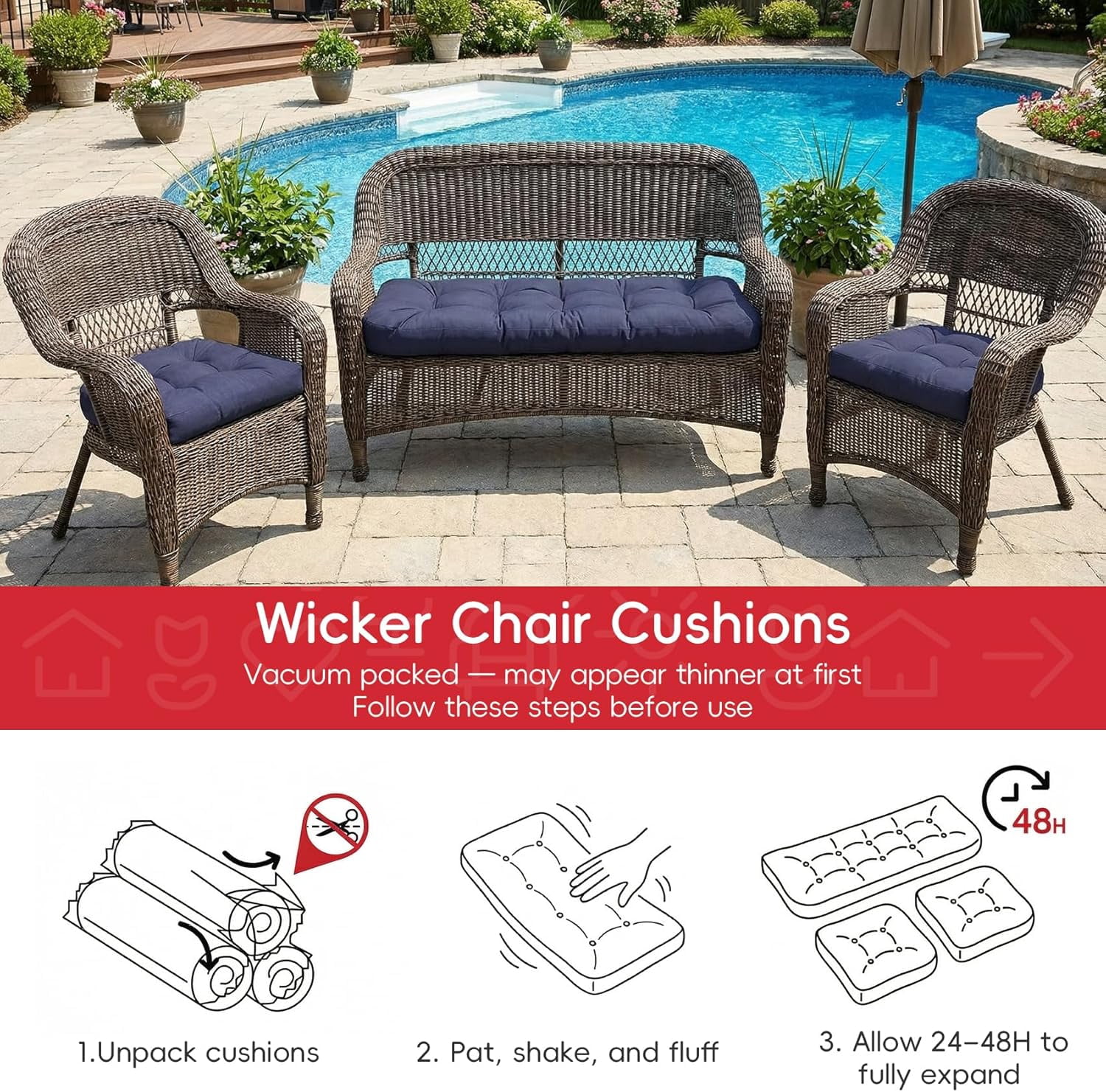 Wicker Furniture Cushions Set of 3, Waterproof Outdoor Loveseat Cushions for Patio Furniture, 4 Inch Thick Tufted Non-Slip Outdoor Cushions for Wicker Patio Furniture (Navy Blue, 44" x 19")