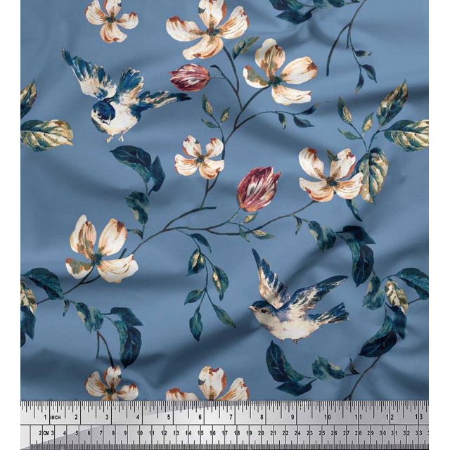 Soimoi Poly Georgette Fabric Robin,Leaves & Wildflower Floral Print Fabric by the Yard 52 Inch Wide