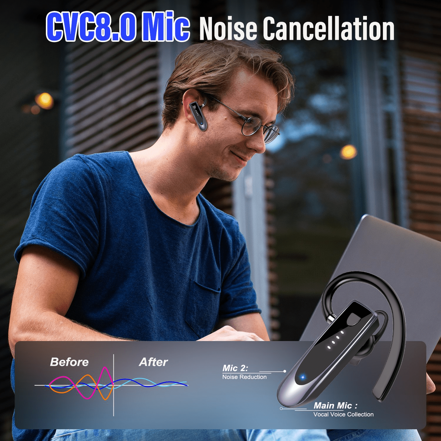 Bluetooth Headset V5.4, Single-Ear Wireless Earpiece with ENC Noise Canceling Mic, 20Hrs Call Time Handsfree Wireless Earbuds, 180 Hrs Standby Time Headphones for iOS Android /Office/Drivin
