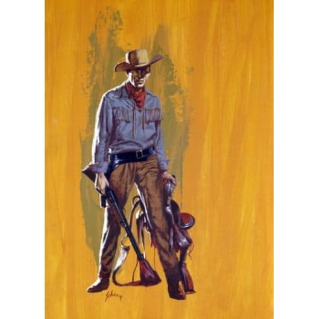 Portrait of cowboy holding shotgun and saddle Poster