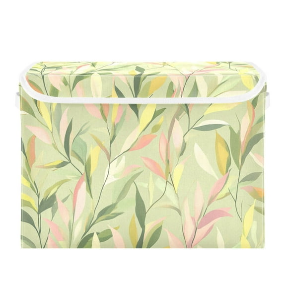 Soft Pastel Leaves Large Storage Bins with Linen Collapsible Lid Storage Box 16.7 x 12.6 x 11.8in
