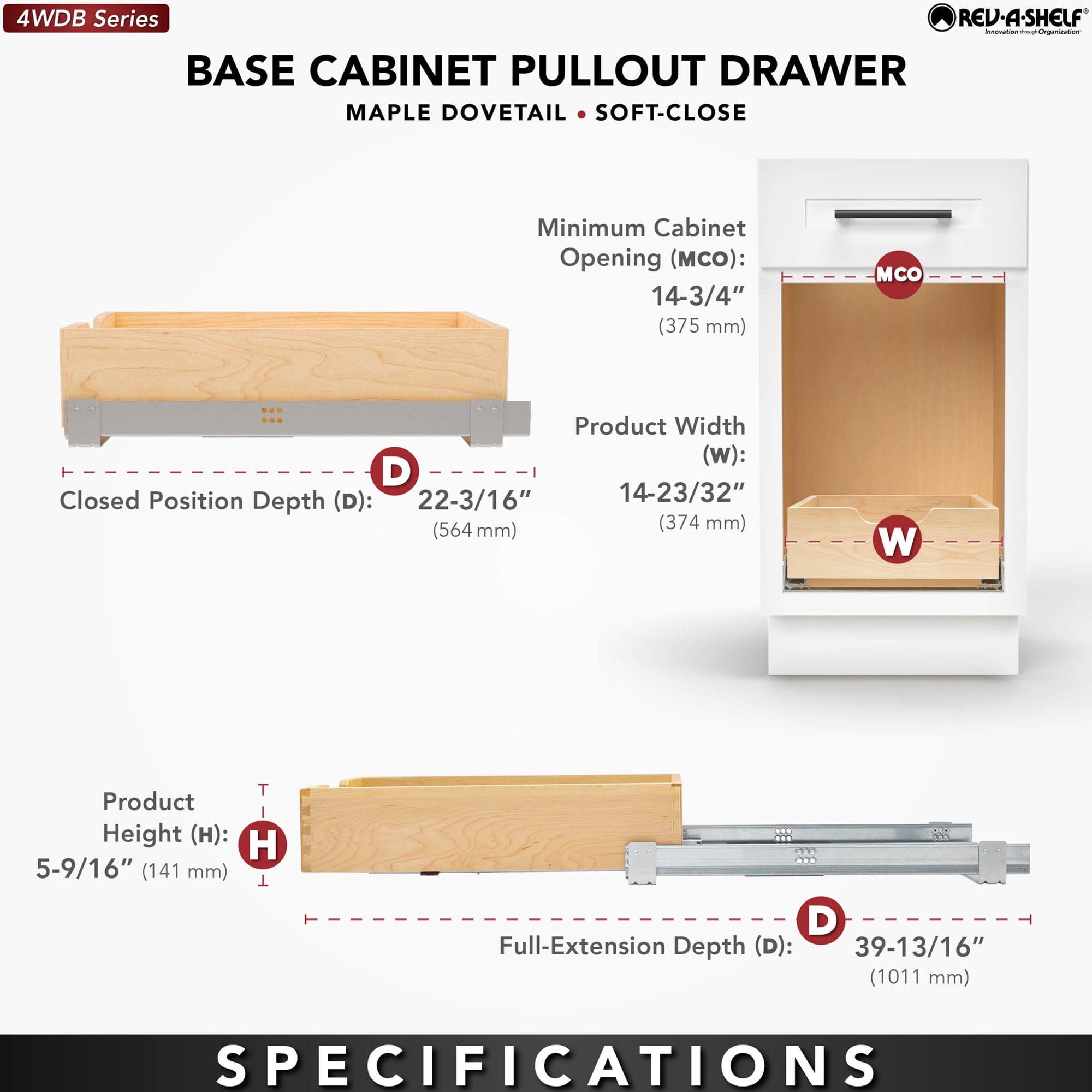 Rev-A-Shelf 14.71" Pullout Kitchen Cabinet Drawer, Soft-close, 4WDB-15SC-1