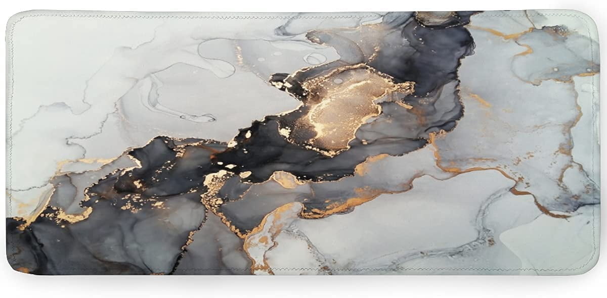 Gold Marble Extended Gaming Mouse Pad Non-Slip Rubber Base Large White Mousepad 35.4×15.7in with Stitched Edge Waterproof Thick Keyboard Pads Black Computer Desk Laptop Mats for Work Game Office