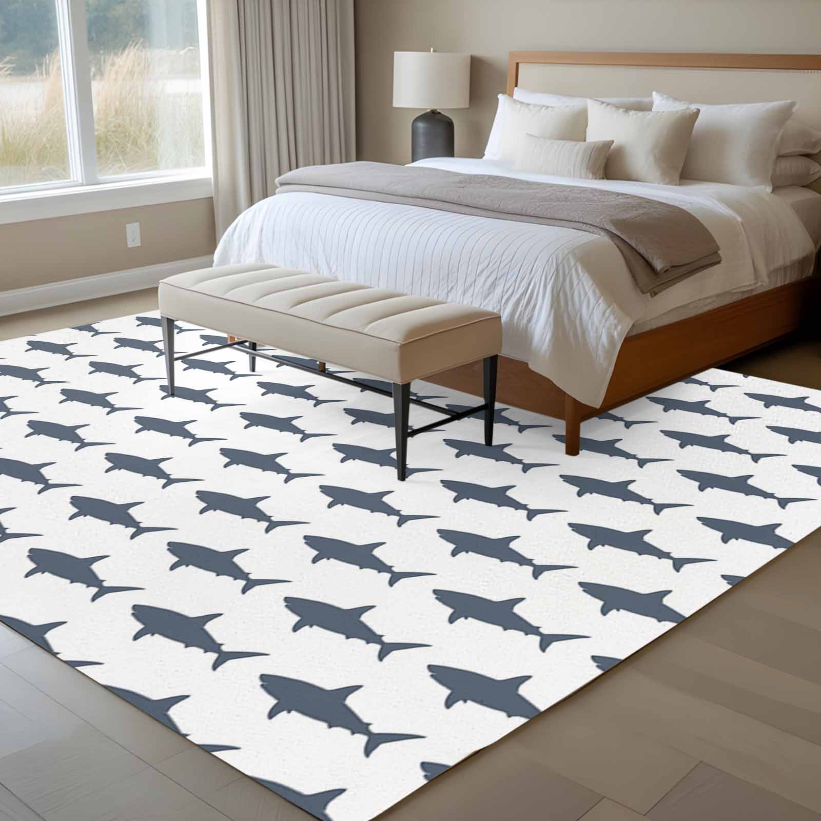 6x9 Area Rugs for Living Room, Blue Grey Sharks Non Slip Area Rugs for Kitchen Bedroom Entryway, Modern Coastal Ocean Animals Washable Carpet Runner Rug Floor Mats for Bedroom Home Decor