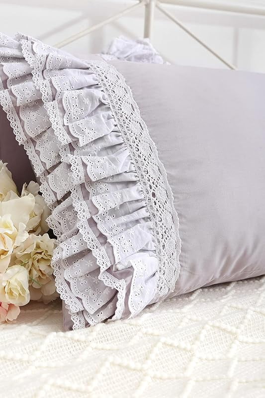 Gray Pillow Shams with Lace Ruffles Shabby Chic Cotton Queen Size Grey Pillowcases 20"x 30" 2-Pack
