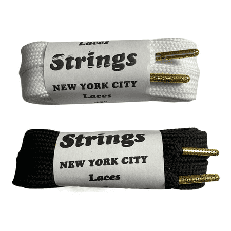 Wide 3/4 inch Shoe Laces Authentic 54 Length Black and White w/ Perforated Metal Gold Tips STRINGS Shoe Lace Co Wide 3/4 inch Shoe Laces Authentic 54 Length Black and White w/ Perforated Metal Gold Tips STRINGS Shoe Lace Co