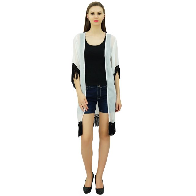 Bimba Couverture de Plage pour Femmes Sheer Georgette Tendance à Franges