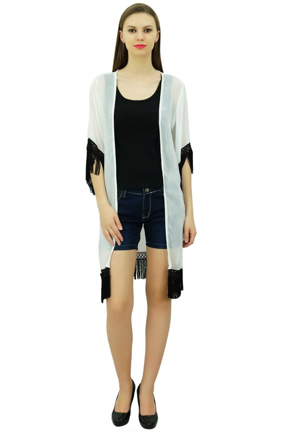 Women Beach Coverup Sheer Georgette Trendy Tassel Shrug