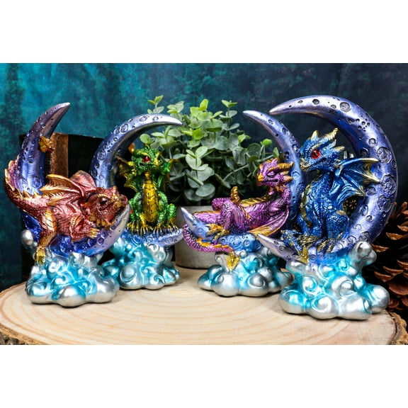 Ebros Crescent Moon On Clouds Resting Guardian Dragon Figurines 6.25"H Set of 4