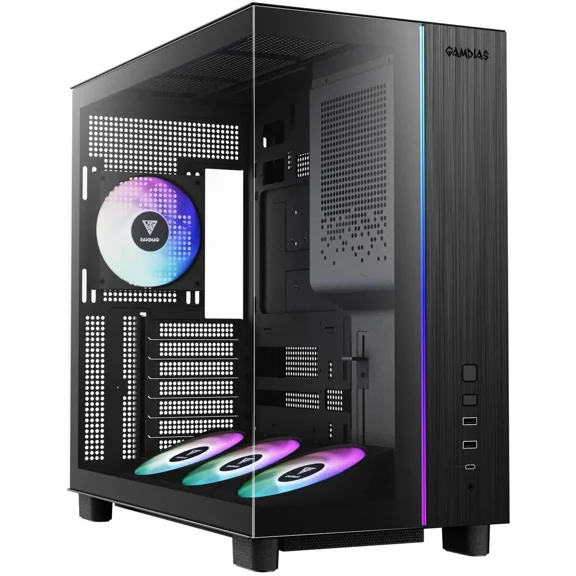 Gamdias ATLAS M4 pc case ATX 4x120mm PWM ARGB fans, adjustable angle lower fan mount, Front-Mounted PSU Design