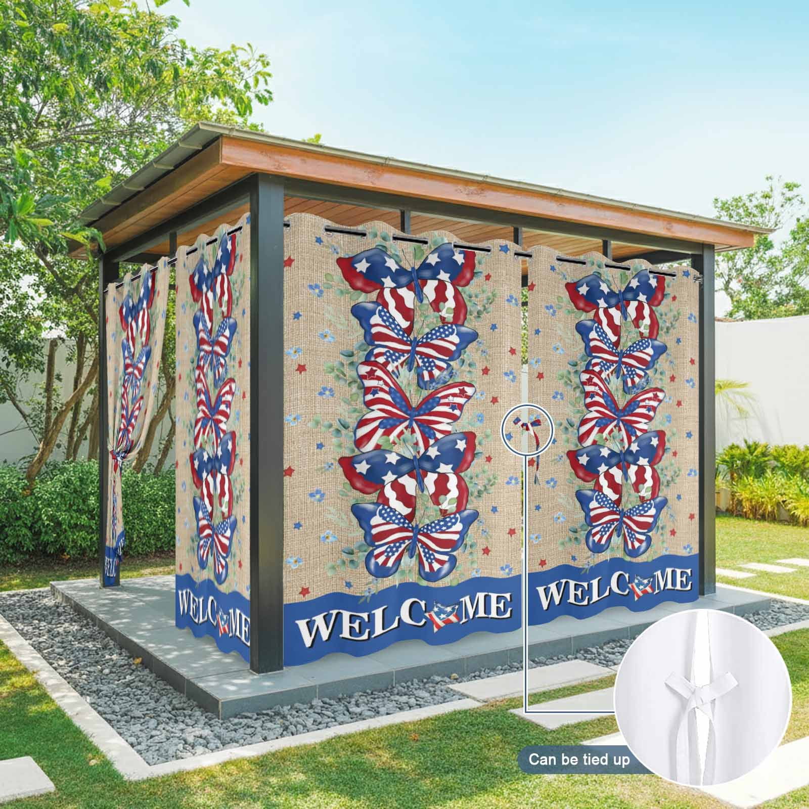 American Flag Butterfly Outdoor Curtains for Patio, Independence Day WELCOME Leaf Retro Sunshade Privacy Drapes Grommet Waterproof Outside Curtains for Porch/Cabana/Balcony 54"x 108", 1 Panel