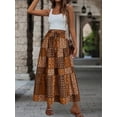 thumbnail image 5 of Coffee Brown Patchwork Print Drawstring Waist Tiered Maxi Skirt With Ruffle Hem, 5 of 6