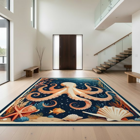 Design&I 8'x10' Washable Area Rug Sleek Flatweave Pet Friendly Octopus Nautical Sea Creature Design With Marine Coral Reef Accents for King Size Bedroom, Under Bed