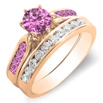 Dazzlingrock Collection 10K Round Pink Sapphire & White Diamond Ladies Bridal Engagement Ring Set, Rose Gold, Size 7.5