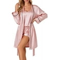 thumbnail image 1 of Women's 3pcs Satin Pajamas Set Cami Top and Shorts Sleepwear PJs Set with Robe,Pink, 1 of 5