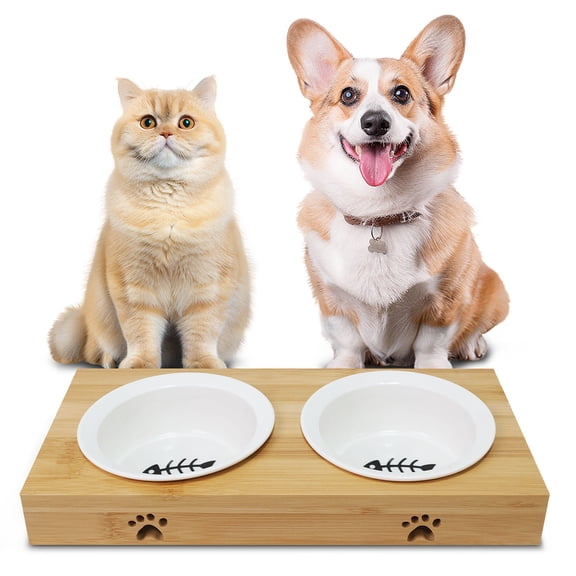 Ceramic Elevated Cat Bowls with Stand, 2 Pcs Raised Cats Puppy Dishes for Food and Water, Tekcoo Double Ceramic Cat Feeding Bowls with Tilted Bamboo Stand for Anti Vomiting, Indoor 8.5oz (Wood Color)