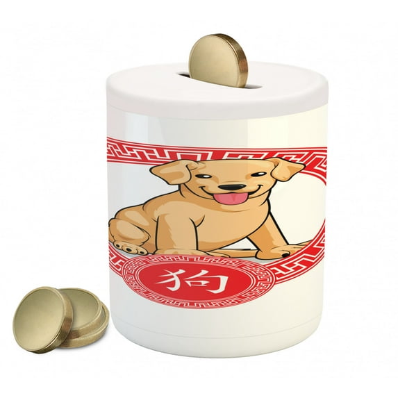 Year of the Dog Piggy Bank, Chinese Zodiac Animal Traditional Geometric Shapes Lunar Year, Ceramic Coin Bank Money Box for Cash Saving, 3.6" X 3.2", Pale Brown and Vermilion, by Ambesonne