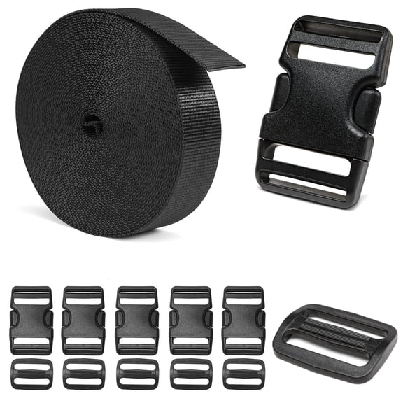 Heavy-Duty Buckles and Strap Set 1-1/2": 4.5 Yards of Thick Nylon Webbing, 5-Pack Adjustable Quick Side Release Plastic Buckles, 5 Tri-Glide Slide Clips, Black