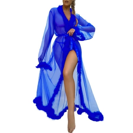 

wendunide lingerie for women Women Fashion Sexy Tulle Robe Long Lingerie Nightgown Bathrobe Sleepwear Feather Bridal Robe Lace Lingerie Blue M