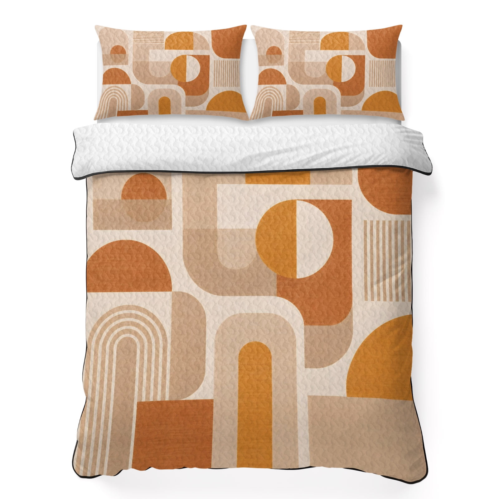 Quilts Queen Size Bedding Set Orange Beige Geometric Lightweight Quilted Comforter Middle Century Abstract Boho Lines Soft Reversible Bedspread Coverlet with Pillow Covers for All Season 90 x 96