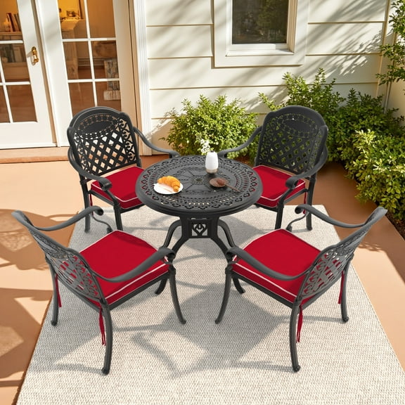 Hzzkey 5-Piece Black Cast Aluminum Outdoor Dining Set, Round Table with Umbrella Hole, Red Cushions for Patio/Garden