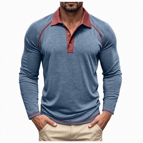 GEWSEY Mens Long Sleeve Polo Shirts Fashion Casual Raglan Button Polo Tee Collared Golf Shirt (Blue, XL)