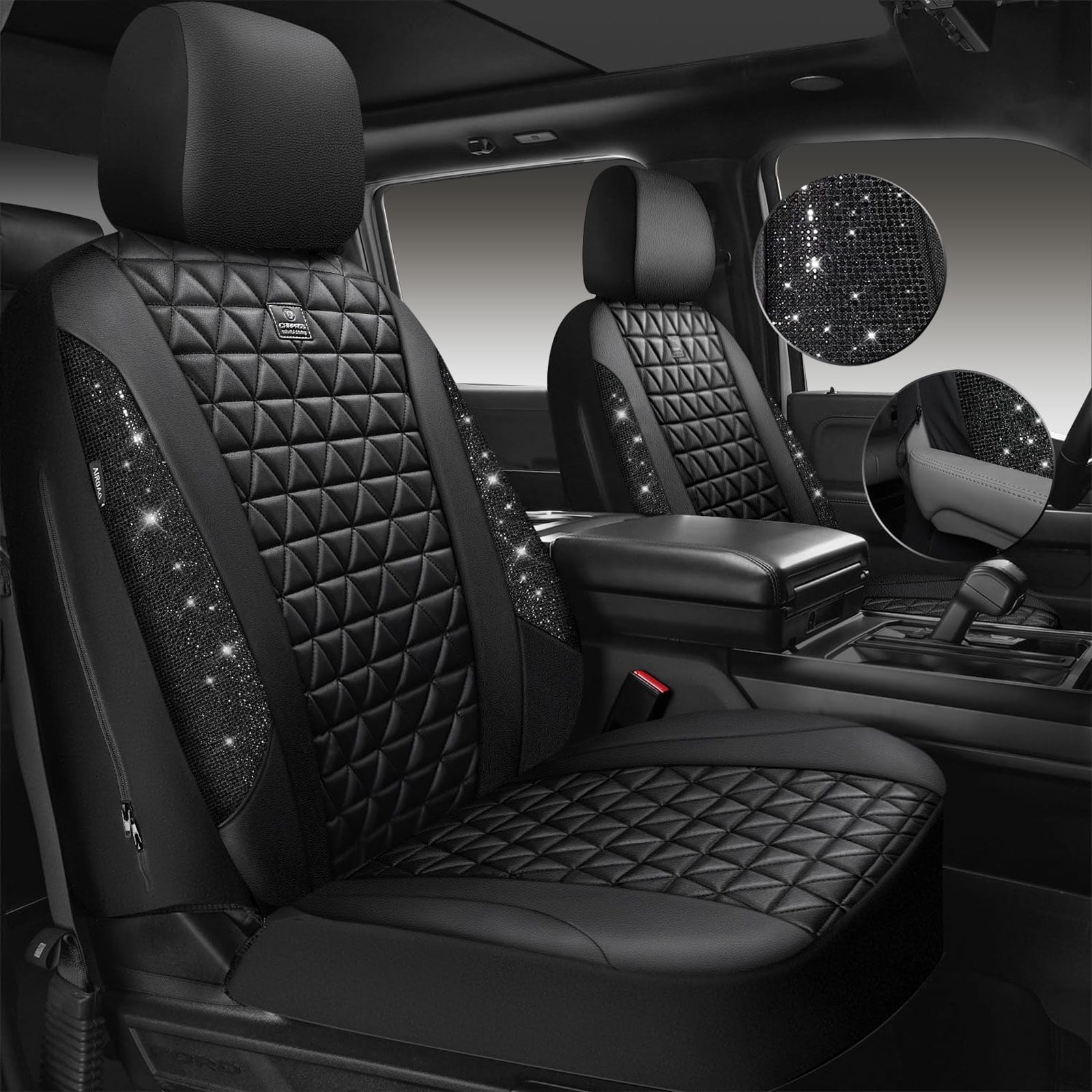 CAR GRAND Bling diamond leather automotive seat covers front pair water proof shining glitter sparkly crystal rhinestone universal armrest fit girl woman lady black