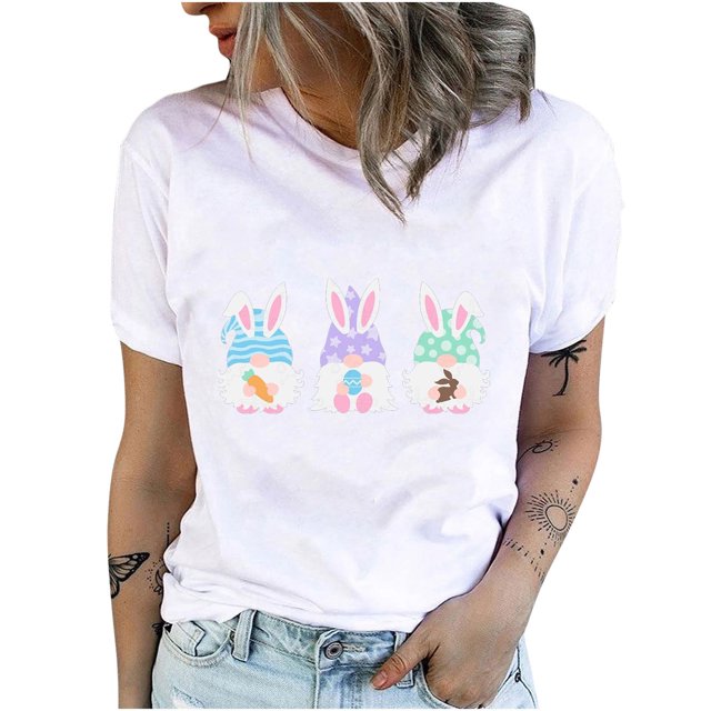 Pompotops Women Crewneck T Shirts Easter Rabbit Print Tees Short Sleeve T Shirt Blouse Tops