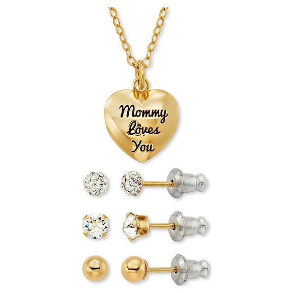 Brilliance Fine Jewelry 14K Gold-Plated Sterling Silver Heart Necklace & Multi Studs Children’s Set