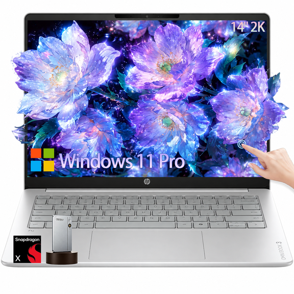 HP OmniBook 3 14" 2K Touchscreen Laptop for Business, Snapdragon X X1-26-100 Next Gen AI PC, 16GB LPDDR5x, 512GB SSD, Windows 11 Pro, Copilot PC - Glacier Silver