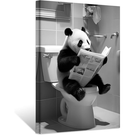 ZHONGYUTONG Funny Bathroom Wall Art Cute Panda Reading Newspaper on Toilet Poster Black White Animal Canvas Prints for Rustic Restroom Framed (20.00" x 30.00")